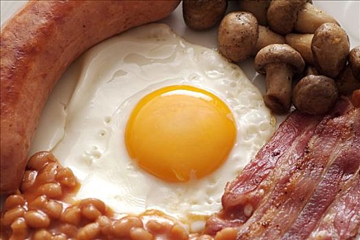 传统,英国,油炸,早餐,香肠,蛋,熏肉,蘑菇,豆,特写