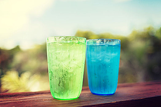 夏天,饮料,休假,概念,特写,两个,玻璃杯,感冒,水,上方,自然,背景