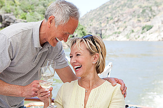 老年,夫妻,葡萄酒杯,船,假日