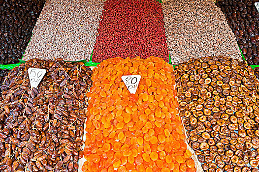 杏干,枣,无花果,销售,市场货摊,玛拉喀什,摩洛哥,非洲