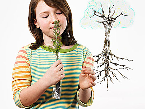 女孩,拿着,小,常绿植物,幼苗,鼻子,嗅,插画,植物,根部,清晰,表面