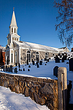 冬天,圣伯纳犬,天主教,教堂,老,山,一个,康科德,马萨诸塞,美国