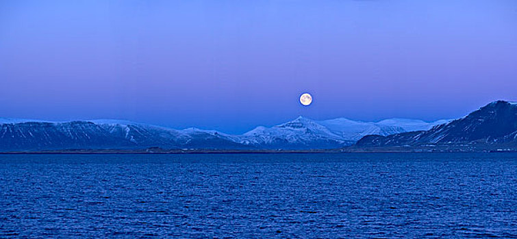 全景,满月,上方,山,攀升,冰岛