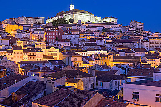 葡萄牙,可因布拉,山坡,风景,房子,大学,附近,日落,晚间