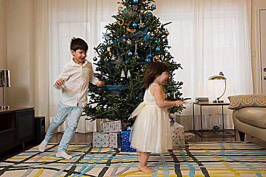 孩子,玩耍,圣诞树