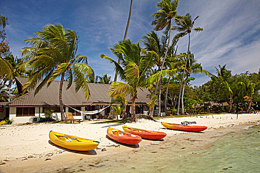 皮筏艇,海滩,水岸,草屋,种植园,岛屿,玛玛努卡群岛,斐济,南太平洋