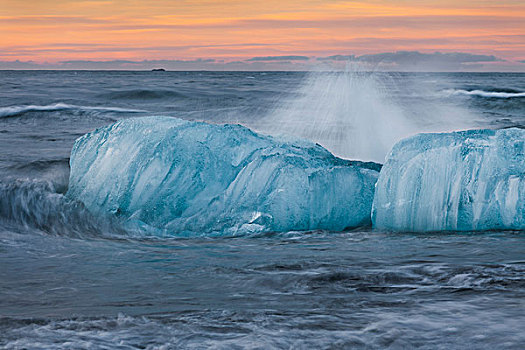 冰山,波浪,靠近,冰河河道,泻湖,东方,冰岛