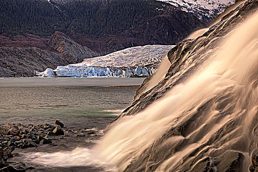 景色,块,瀑布,棉田豪冰河,背景,靠近,东南阿拉斯加,春天