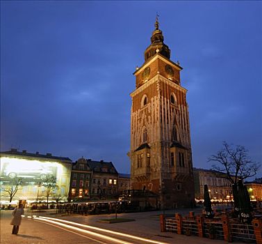 市政厅,塔,市场,夜晚,克拉科夫,克拉科,波兰,欧洲