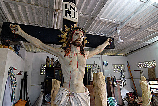 耶稣,工作间,雕刻师,靠近,天主教,教堂,喀拉拉,印度南部,印度,亚洲