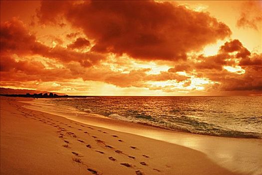 夏威夷,瓦胡岛,北岸,脚印,沙滩,日落
