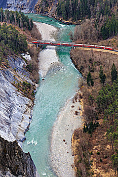 红色,铁道口,桥,穿过,莱茵河,河,莱茵,峡谷,瑞士,欧洲