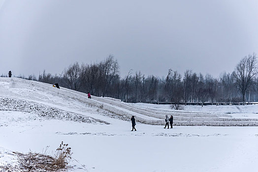 雪中的长春北湖湿地公园景观