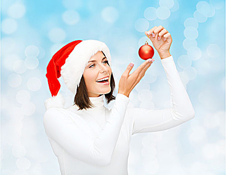 冬天,人,圣诞节,高兴,概念,女人,圣诞老人,帽子,圣诞树饰,球,上方,蓝色,背景