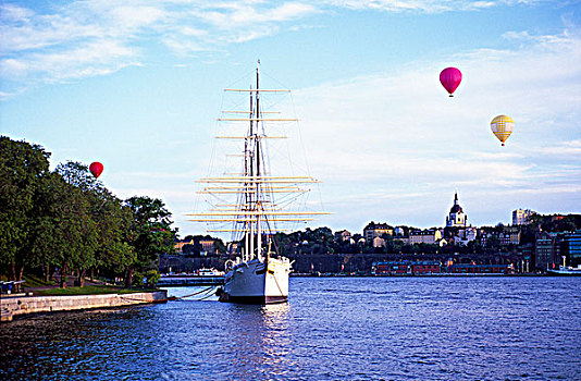 帆船,热气球,斯德哥尔摩,天际线,背景
