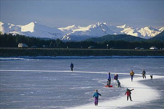 滑冰,双胞胎,湖,高速公路,阿拉斯加,东南部,冬天,山脉