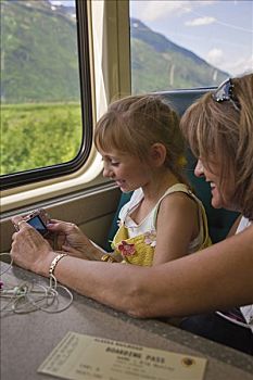 女孩,母亲,察看,照相,数码相机,阿拉斯加,铁路,列车,冰河