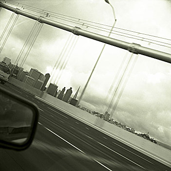 美国,加利福尼亚,旧金山,城市风光,奥克兰湾大桥,模糊,黑白