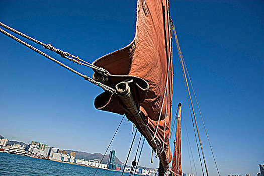 中国帆船,维多利亚港,天际线,背景
