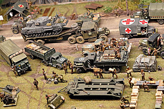 法国,诺曼底,展示,小型,特写,微型,第二次世界大战,场景,坦克,卡车,军人