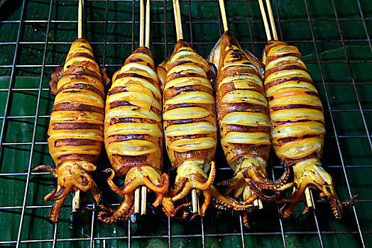 烤制食品,鱿鱼,扦子,周末,市场,普吉岛,泰国,亚洲