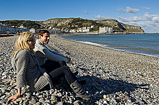 英国,北威尔士,兰迪德诺,伴侣,放松,海滩,维多利亚时代风格,海边,城镇