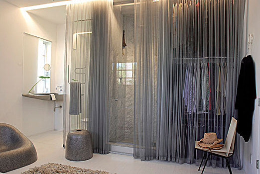 现代,区域,浴室,卧室,灰色,半透明,帘