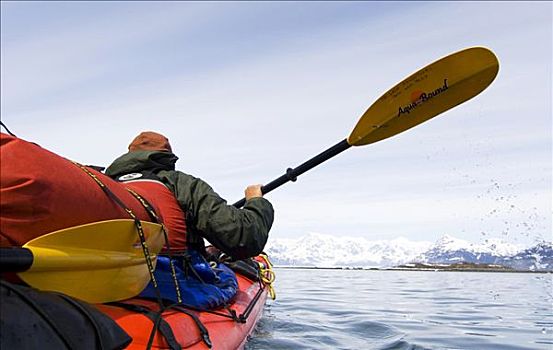 皮艇,正面,桨手,一对,哥伦比亚冰河,后面,太平洋海岸,楚加奇国家森林,威廉王子湾,阿拉斯加,美国