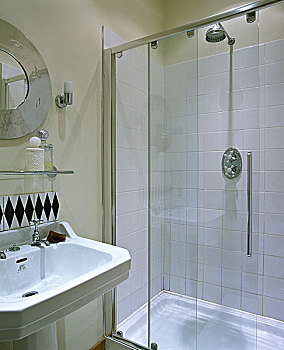 现代,浴室,墙壁,盥洗池,淋浴,围挡,玻璃,架子