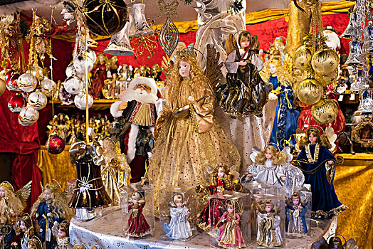 多样,天使,小雕像,市场货摊,圣诞装饰,纽伦堡,圣诞市场,中间,弗兰克尼亚,巴伐利亚,德国,欧洲
