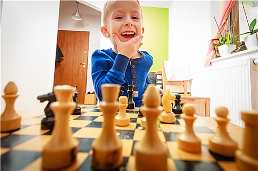 小男孩,智慧,孩子,玩,下棋,思考