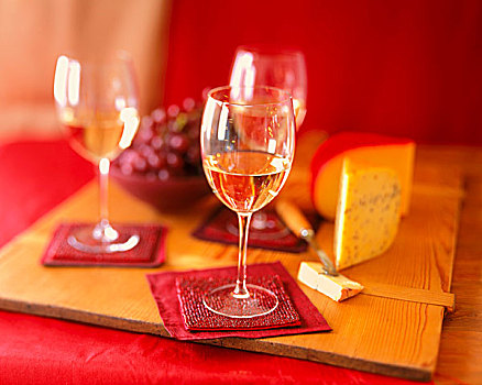 玻璃杯,白葡萄酒,红色,托垫,奶酪,葡萄