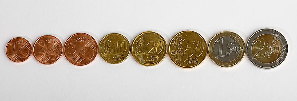 欧元,分币,硬币,排列,1分,2分,5分,10分,20分,50分,1欧元,2欧元,德国,欧洲