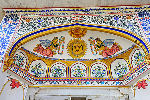 壁画,入口,大门,城市,宫殿,乌代浦尔,拉贾斯坦邦,印度,亚洲