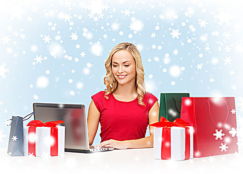 圣诞节,圣诞,网上购物,概念,女人,礼盒,包,笔记本电脑