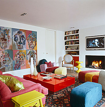 彩色,客厅,等离子电视,大,绘画,有趣,座椅