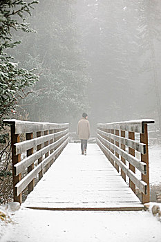 女人,走,步行桥,山,雪中
