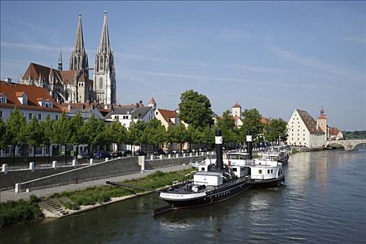 大教堂,博物馆,船,雷根斯堡,世界遗产,多瑙河,巴伐利亚,德国,欧洲