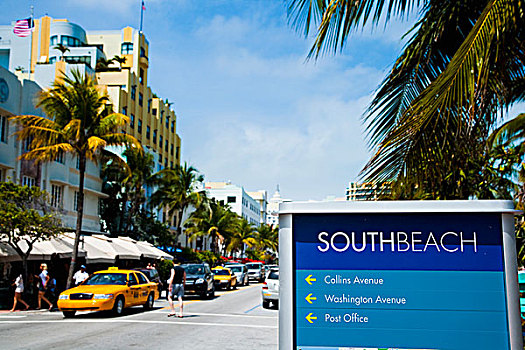 美国,佛罗里达,迈阿密,海滨大道,南海滩,亮黄色,出租车,标识