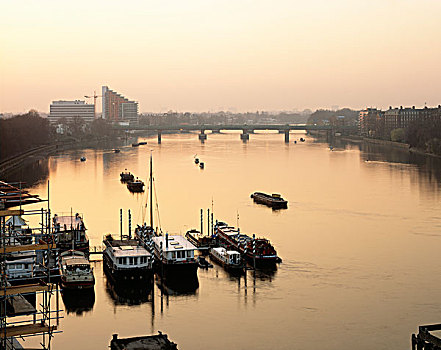 房船,泰晤士河,桥,日落,英国