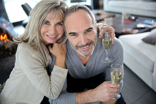 高兴,老年,夫妻,享受,玻璃,香槟