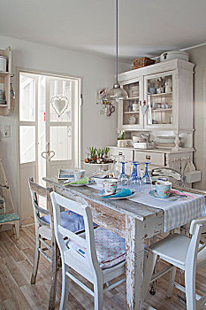 桌子,淡色调,餐具摆放,老,厨房,椅子,老式,白色,柜橱,背景