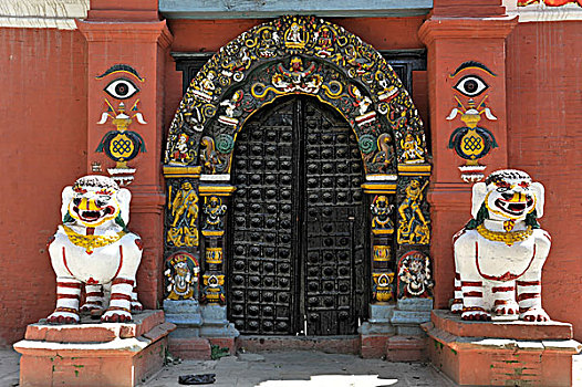 狮子,雕塑,入口,七日服丧期,庙宇,杜巴广场,加德满都,尼泊尔,亚洲