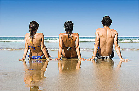 三个,好友,坐,沙子,乐趣,海滩