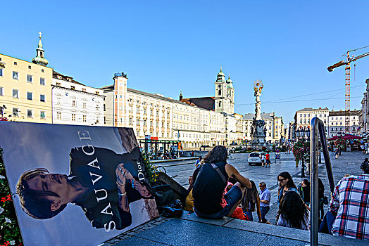 林茨,大广场,圣三一柱,老教堂,海报,多瑙河,上奥地利州,奥地利