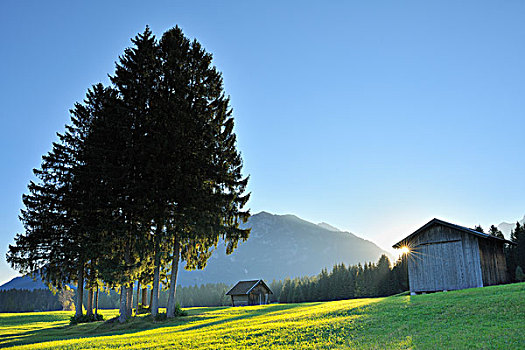 谷仓,巴伐利亚阿尔卑斯山,太阳,陆地,上巴伐利亚,巴伐利亚,德国