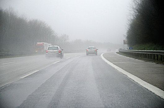 雨,雾,坏天气,穷,能见度,交通,高速公路,藻厄兰,区域,北莱茵威斯特伐利亚,德国,欧洲