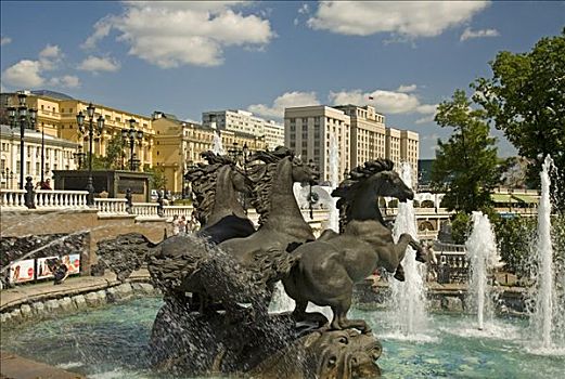 马,喷泉,花园,道路,背景,俄罗斯,莫斯科,东欧,欧洲