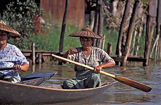 女人,船,运河,靠近,茵莱湖,缅甸