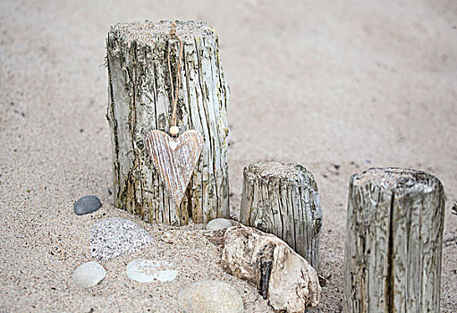 心形,标签,木质,石头,海滩,象征